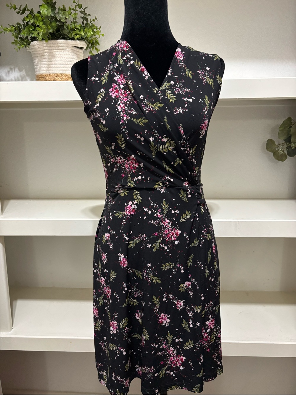 Kaileigh Black Floral Wrap-Style Midi Dress with Pink Blossoms